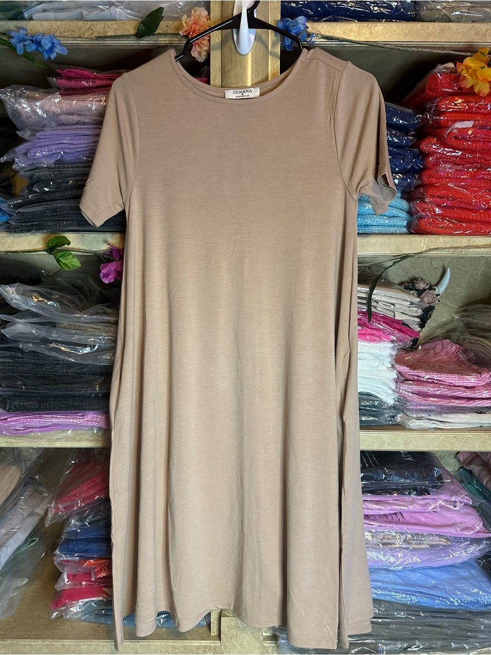 Zenana Outfitters Beige Short Sleeve Midi Dress